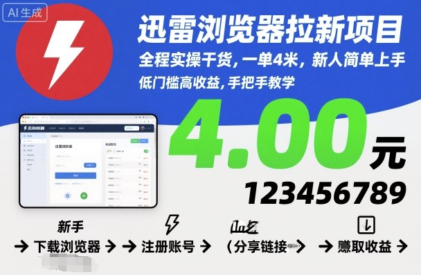 迅雷浏览器拉新项目,全程实操干货,一单4米,新人简单上手-智富思维学堂