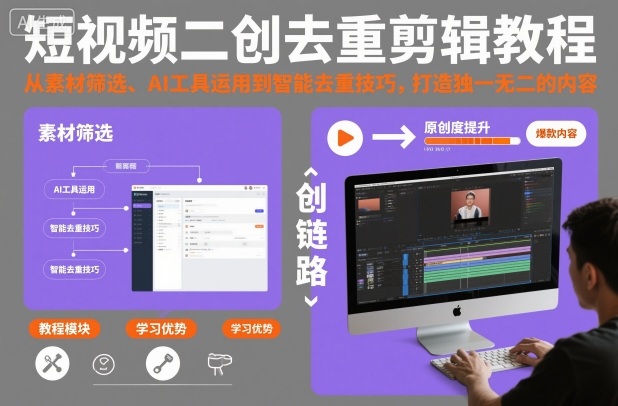 短视频二创去重剪辑教程，从素材筛选、AI工具运用到智能去重技巧，打造独一无二的内容-智富思维学堂