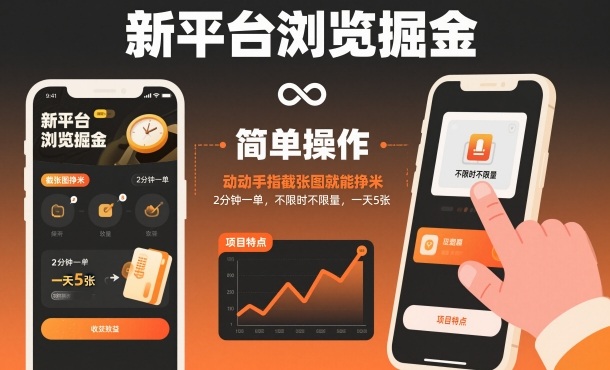 新平台浏览掘金，动动手指截张图就能挣米，2分钟一单，不限时不限量，一天5张【揭秘】-智富思维学堂