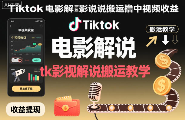 Tiktok电影解说搬运撸中视频收益，tk影视解说搬运教学-智富思维学堂