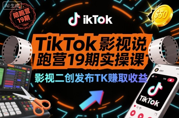 TikTok影视解说陪跑营19期实操课,影视二创发布TK賺取收益,万播收益50美金-智富思维学堂