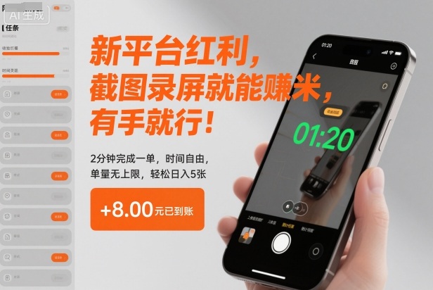 新平台红利，截图录屏就能賺米，有手就行！2分钟完成一单，时间自由，单量无上限，轻松日入5张【揭秘】-智富思维学堂
