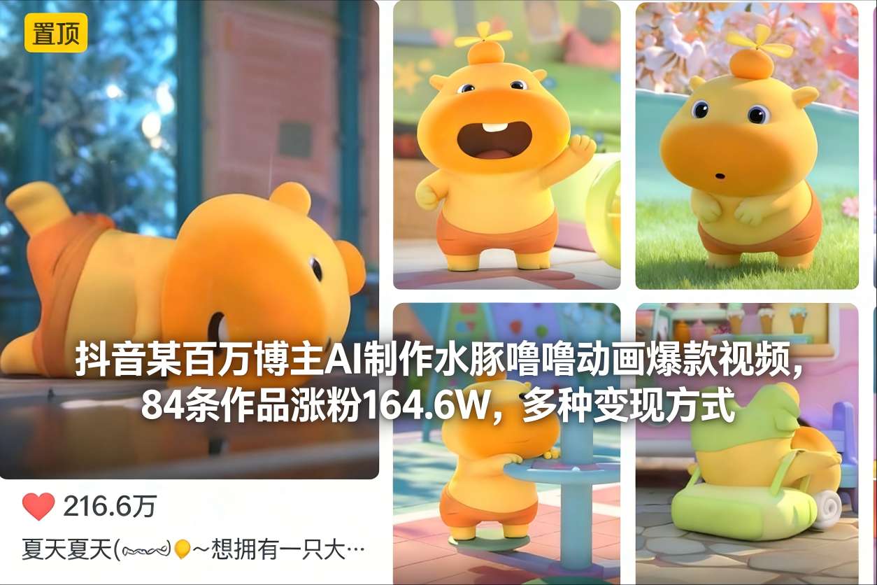 抖音某百万博主AI制作水豚噜噜动画爆款视频，84条作品涨粉164.6W，多种变现方式-智富思维学堂