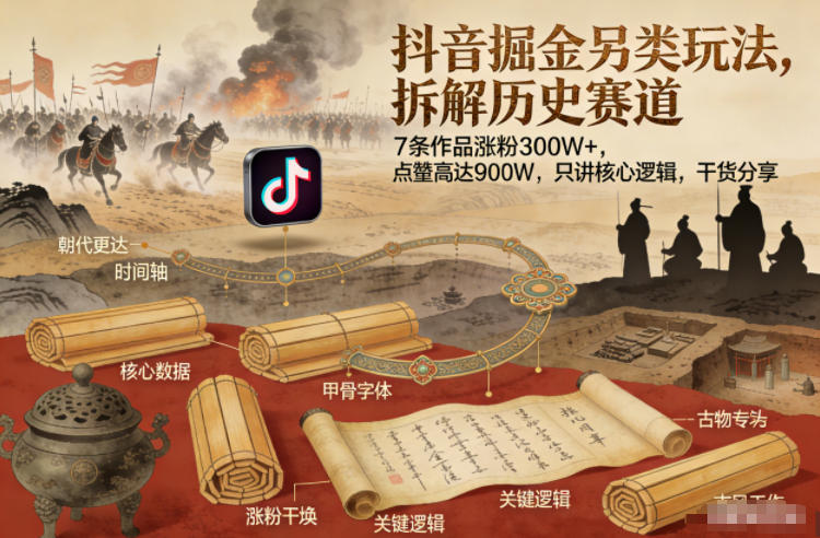 抖音掘金另类玩法，拆解历史赛道，7条作品涨粉300W+，点赞量高达900W，只讲核心逻辑，干货分享-智富思维学堂