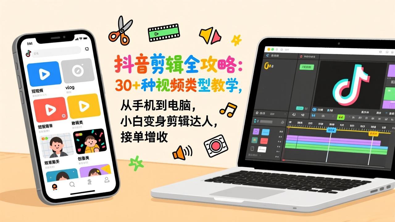 抖音剪辑全攻略:30+种视频类型教学,从手机到电脑,小白变身剪辑达人,接单增收-智富思维学堂