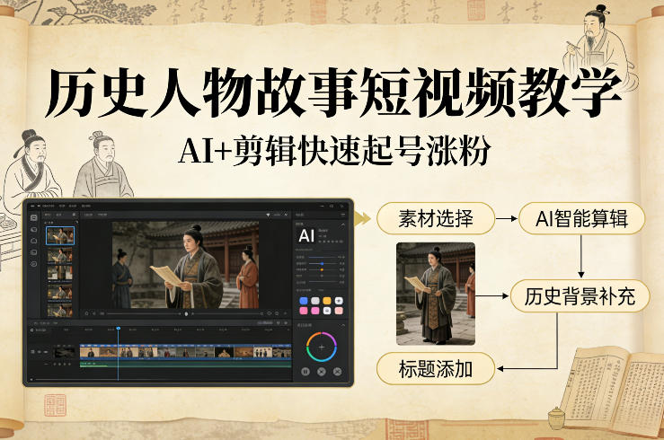 历史人物故事短视频教学,AI+剪辑制作历史人物题材短视频,快速起号涨粉-智富思维学堂