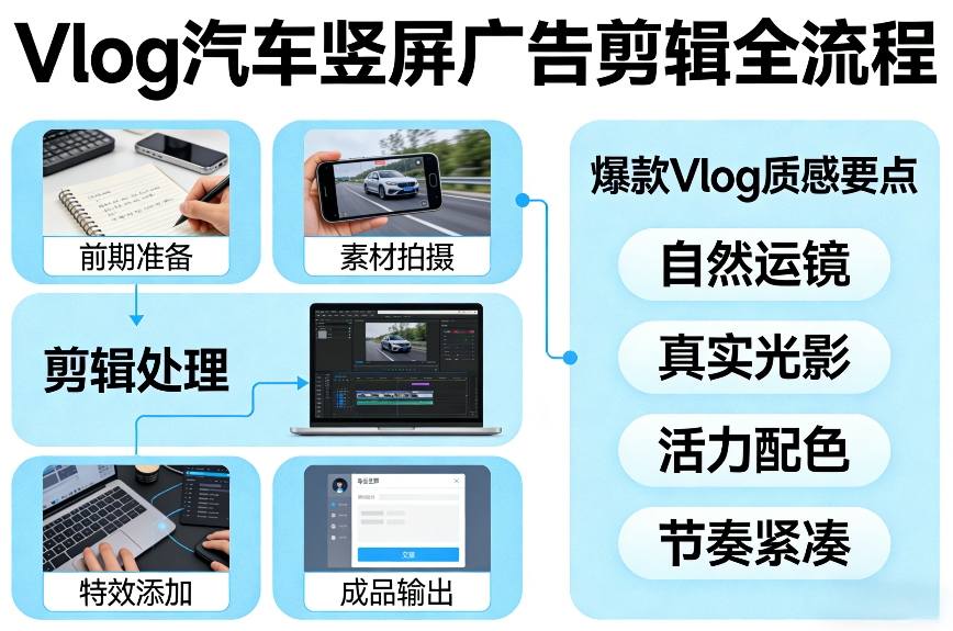 Vlog感觉汽车竖屏广告剪辑脚本全流程,拿捏爆款Vlog质感-智富思维学堂