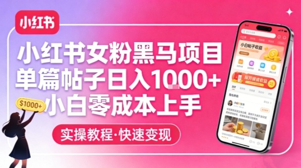 小红书女粉黑马项目，单篇帖子日入1k+，小白零成本上手-智富思维学堂