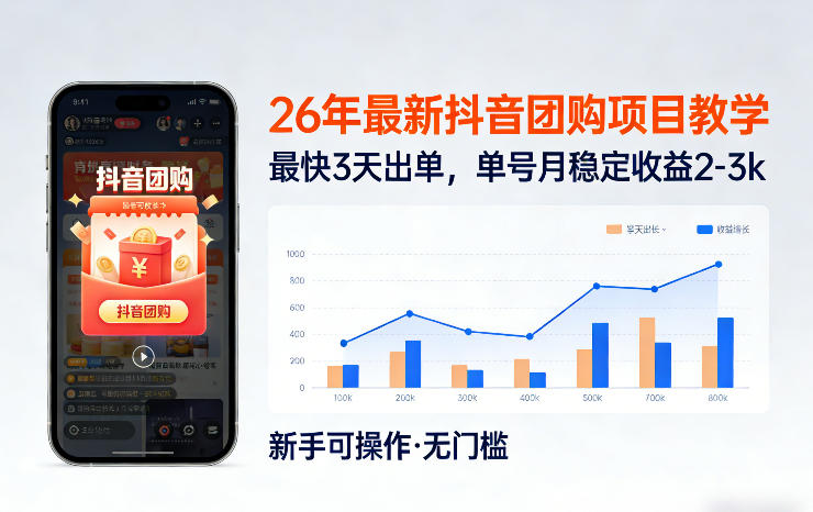 26年最新抖音团购项目教学，0门槛，最快3天出单，单号月稳定收益2-3k-智富思维学堂