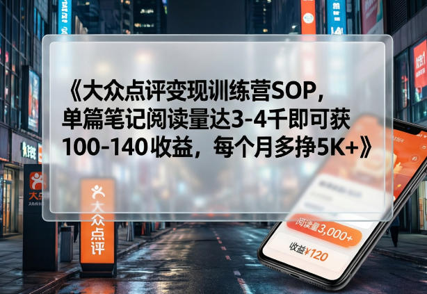 大众点评变现训练营SOP，单篇笔记阅读量达3-4千即可获100-140收益，每个月多挣5K+-智富思维学堂