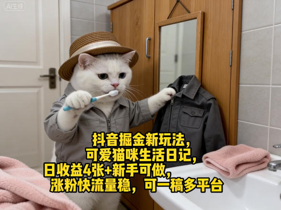 抖音掘金新玩法,可爱猫咪生活日记,日收益4张+新手可做,涨粉快流量稳,可一稿多平台-智富思维学堂