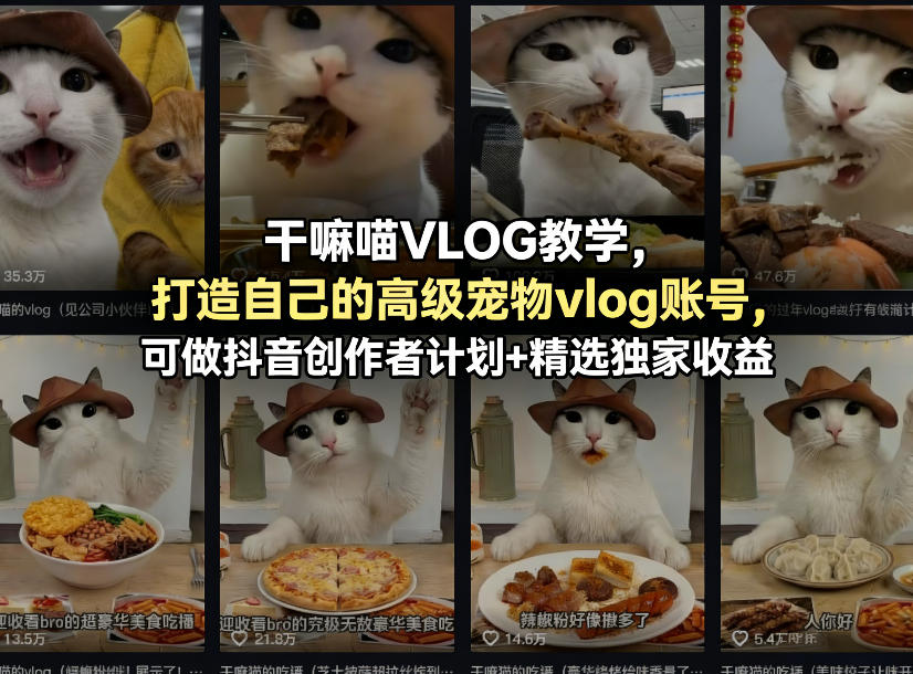 干嘛喵VLOG教学，打造自己的高级宠物vlog账号，可做抖音创作者计划+精选独家收益-智富思维学堂