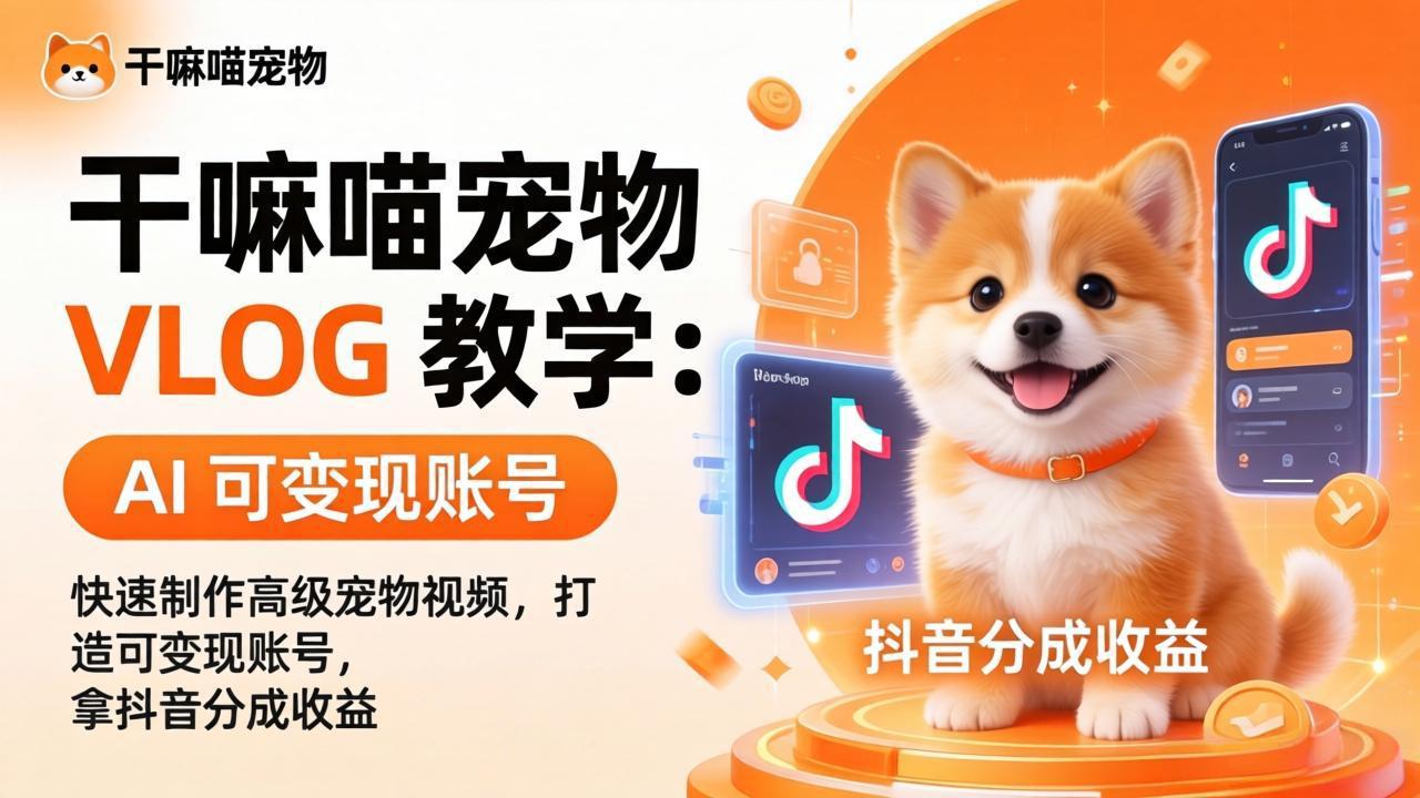 干嘛喵宠物 VLOG 教学:AI 快速制作高级宠物视频,打造可变现账号,拿抖音分成收益-智富思维学堂