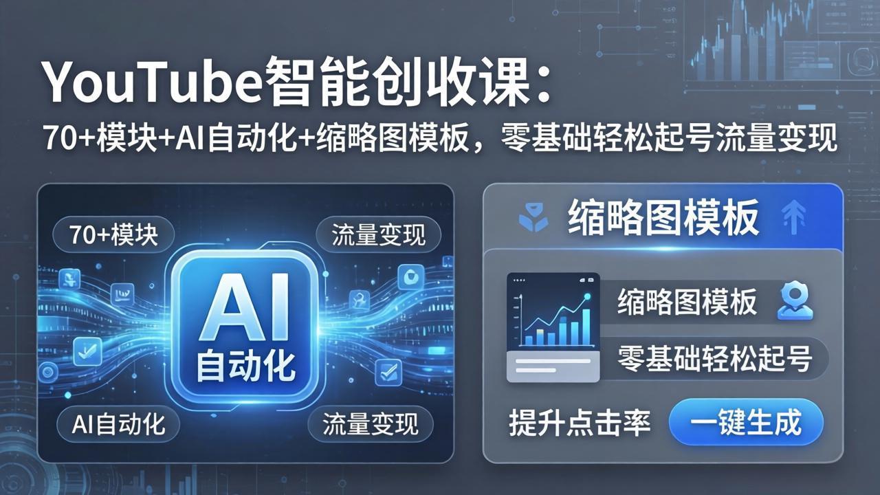 YouTube智能创收课：70+模块+AI自动化+缩略图模板，零基础轻松起号流量变现-智富思维学堂