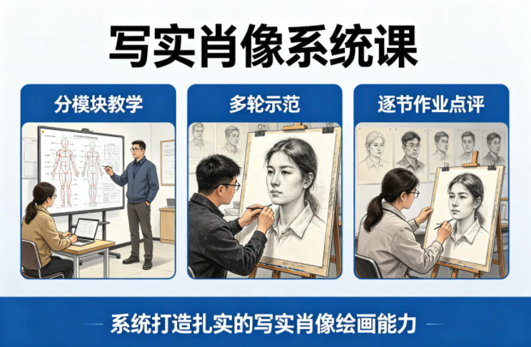 写实肖像系统课，全程分模块教学+多轮示范+逐节作业点评，系统打造扎实的写实肖像绘画能力-智富思维学堂