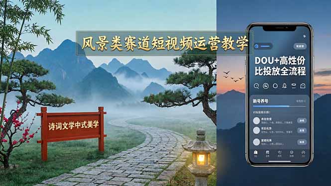 风景类赛道短视频运营教学：诗词文学中式美学，新号养号对标账号定位，DOU+高性价比投放全流程-智富思维学堂