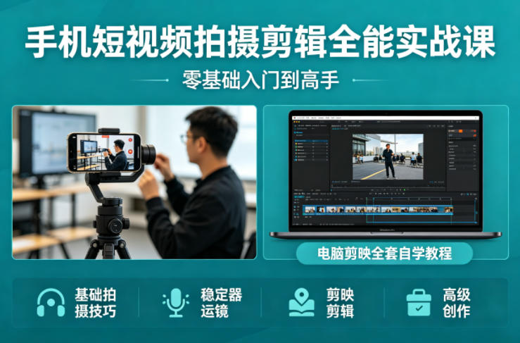 手机短视频拍摄剪辑全能实战课：零基础入门到高手，稳定器运镜+电脑剪映全套自学教程-智富思维学堂