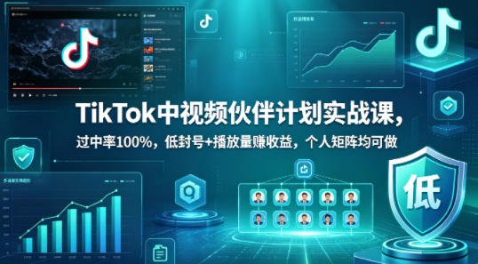 TikTok中视频伙伴计划实战课，过中率100%，低封号+播放量賺收益，个人矩阵均可做-智富思维学堂