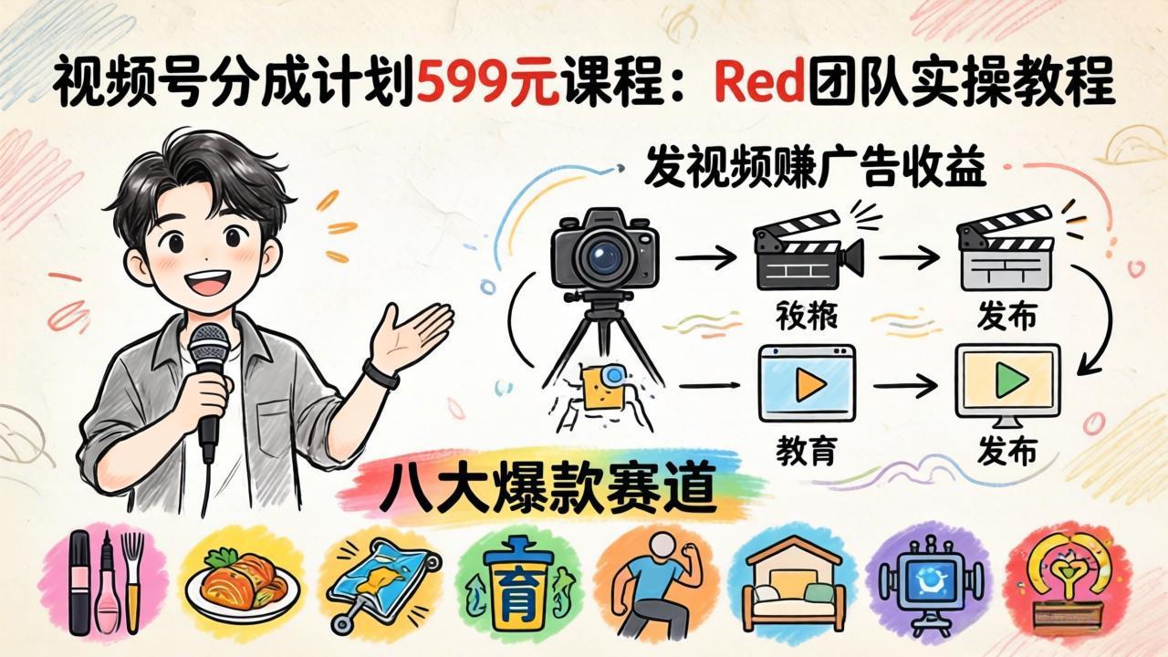 视频号分成计划599元课程：Red团队实操教程，发视频赚广告收益，八大爆款赛道全掌握-智富思维学堂