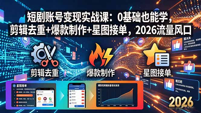 短剧账号变现实战课：0基础也能学，剪辑去重+爆款制作+星图接单，2026流量风口-智富思维学堂