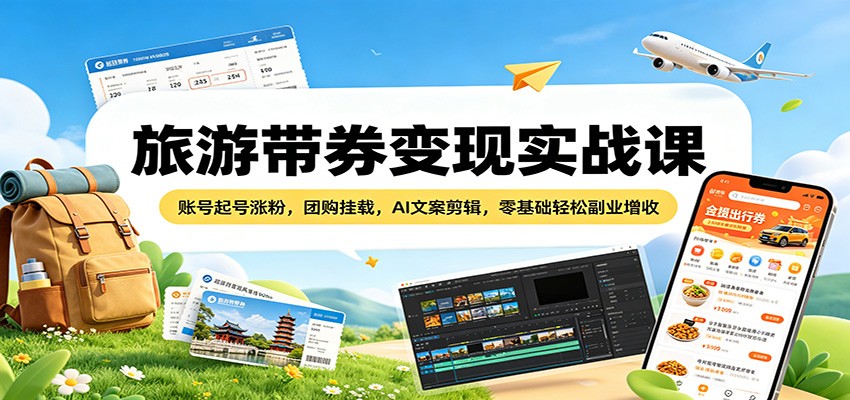 旅游带券变现实战课：账号起号涨粉，团购挂载，AI文案剪辑，零基础轻松副业增收-智富思维学堂