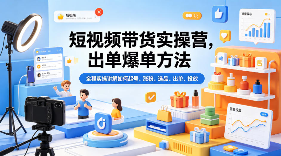 短视频带货实操营，出单爆单方法，全程实操讲解如何起号、涨粉、选品、出单、投放-智富思维学堂
