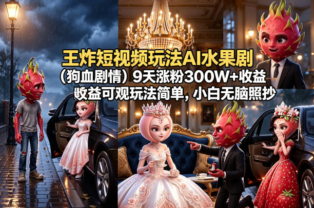 王炸短视频玩法AI水果剧(狗血剧情)9天涨粉300W+收益可观玩法简单，小白无脑照抄，详细拆解玩法-智富思维学堂