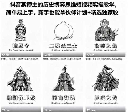 抖音某博主的历史博弈思维短视频实操教学，简单易上手，新手也能拿伙伴计划+精选独家收益-智富思维学堂