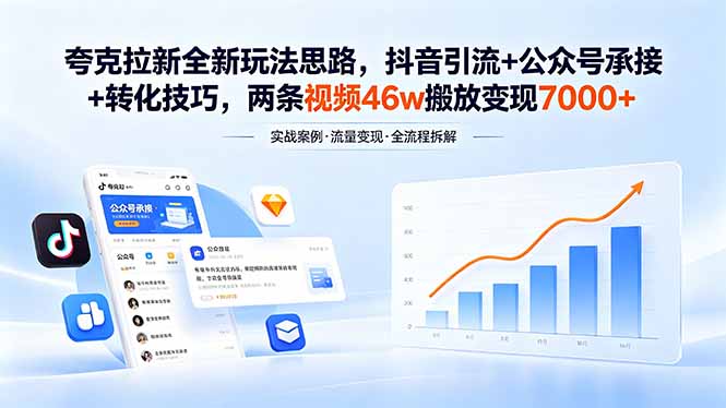 夸克拉新全新玩法思路,抖音引流+公众号承接+转化技巧,两条视频46w搬放 变现7000+-智富思维学堂