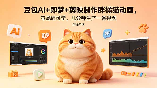 豆包AI+即梦+剪映制作胖橘猫动画，零基础可学，几分钟生产一条视频，附提示词-智富思维学堂