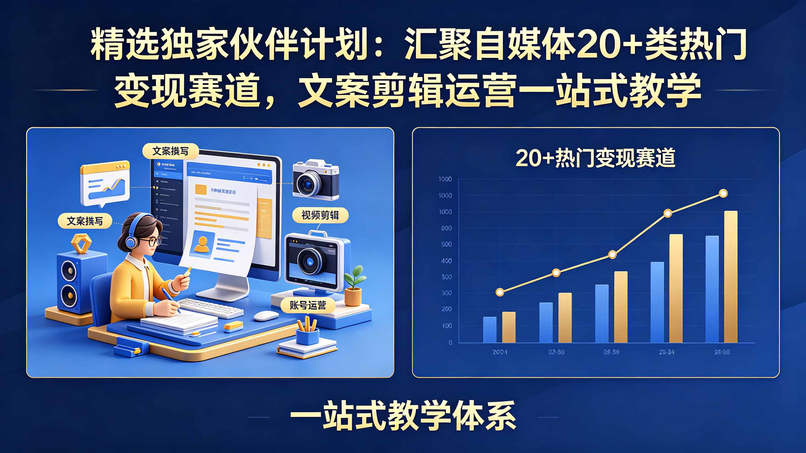 精选独家伙伴计划:汇聚自媒体20+类热门变现赛道,文案剪辑运营一站式教学-智富思维学堂