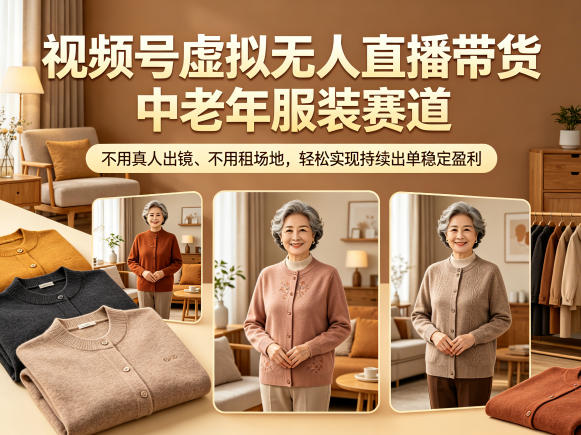 视频号虚拟无人直播带货中老年服装赛道，不用真人出镜、不用租场地，轻松实现持续出单稳定盈利-智富思维学堂