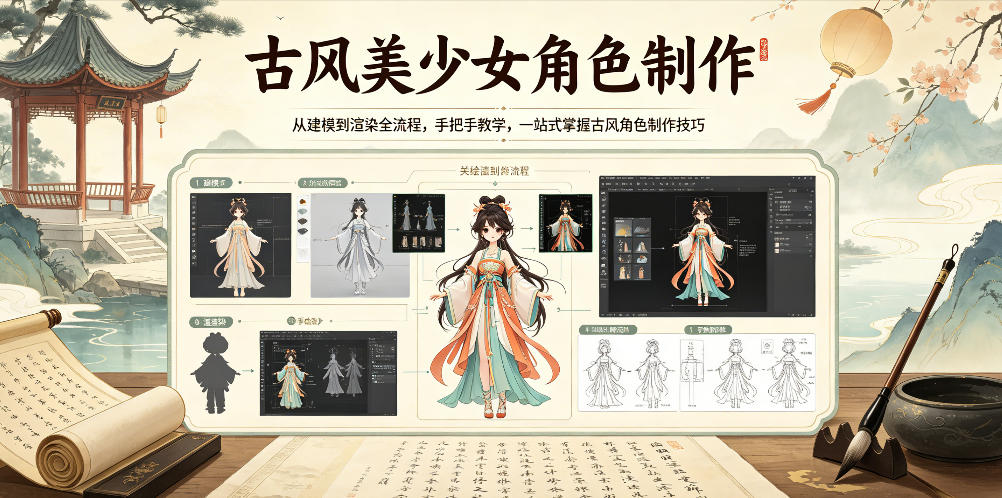 古风美少女角色制作,从建模到渲染全流程,手把手教学,一站式掌握古风角色制作技巧-智富思维学堂