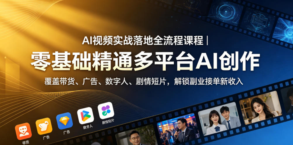 AI视频实战落地全流程课程|零基础精通多平台AI创作,覆盖带货、广告、数字人、剧情短片,解锁副业接单新收入-智富思维学堂