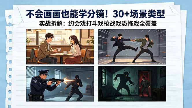 不会画画也能学分镜!30+场景类型实战拆解:约会戏打斗戏枪战戏恐怖戏全覆盖-智富思维学堂