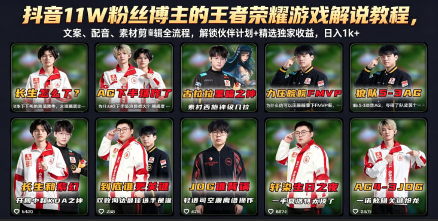 抖音11W粉丝博主的王者荣耀游戏解说教程,文案、配音、素材剪辑全流程,解锁伙伴计划+精选独家收益,日入1k+-智富思维学堂