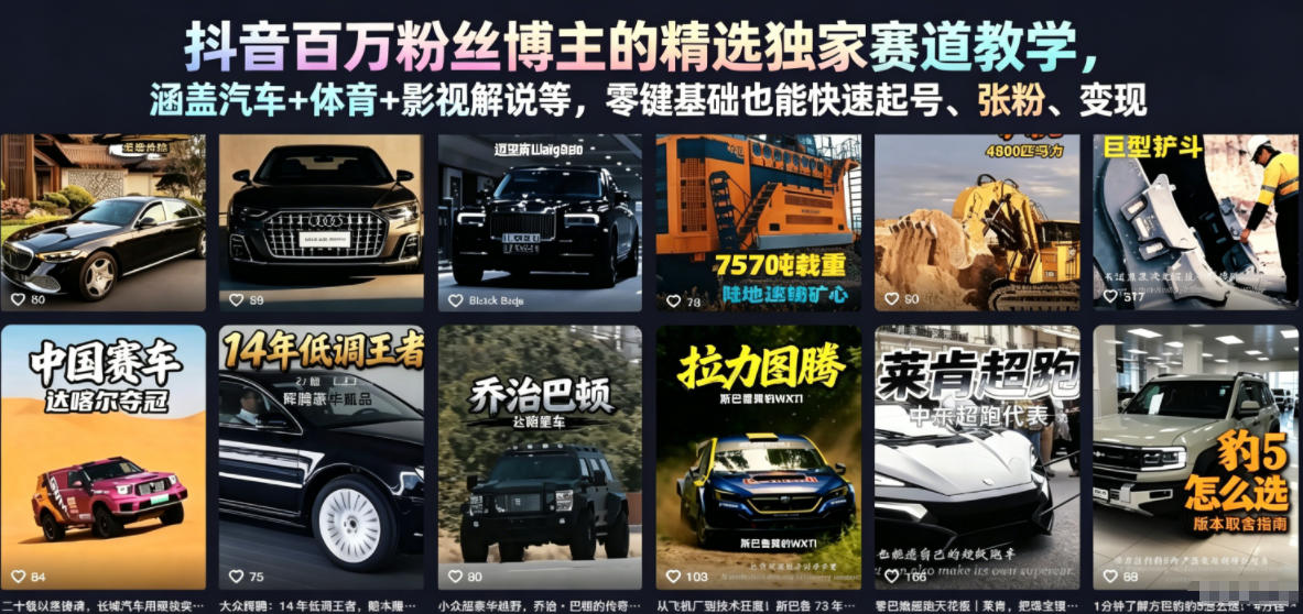 抖音百万粉丝博主的精选独家赛道教学，涵盖汽车+体育+影视解说等，零基础也能快速起号、涨粉、变现-智富思维学堂