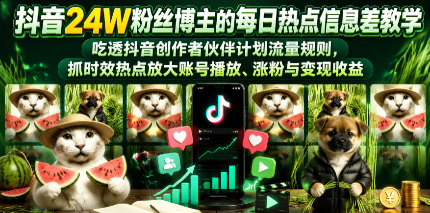 抖音24W粉丝博主的每日热点信息差教学,吃透创作者伙伴计划流量规则,抓时效热点放大账号播放、涨粉与变现收益-智富思维学堂