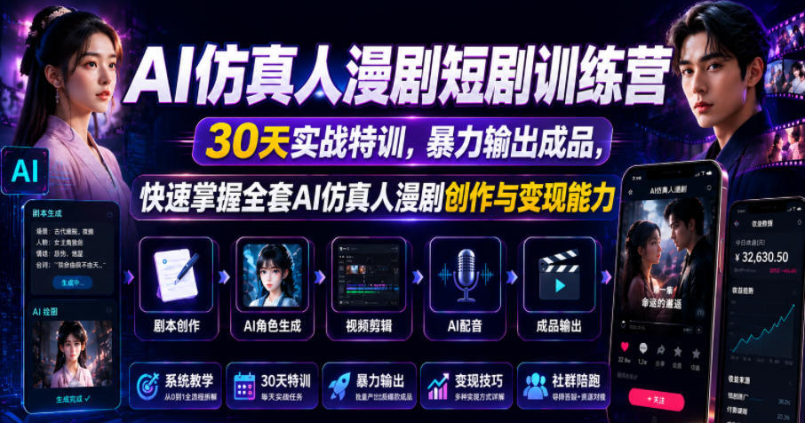 AI仿真人漫剧短剧训练营,30天实战特训,暴力输出成品,快速掌握全套AI仿真人漫剧创作与变现能力-智富思维学堂