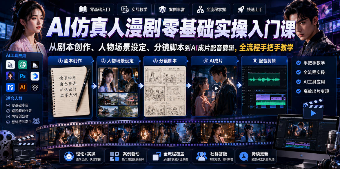 AI仿真人漫剧零基础实操入门课,从剧本创作、人物场景设定、分镜脚本到AI成片配音剪辑,全流程手把手教学-智富思维学堂