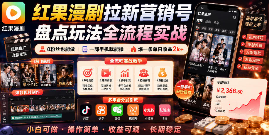 红果漫剧拉新营销号盘点玩法全流程实战，0粉丝也能做，一部手机就能做，爆一条单日收益2k+-智富思维学堂