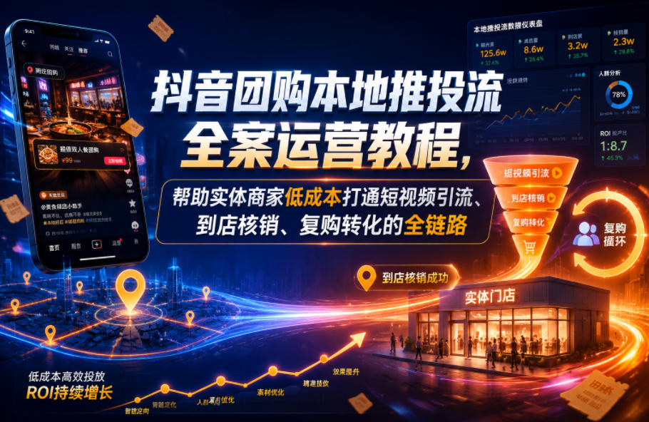 抖音团购本地推投流全案运营教程,帮助实体商家低成本打通短视频引流、到店核销、复购转化的全链路-智富思维学堂