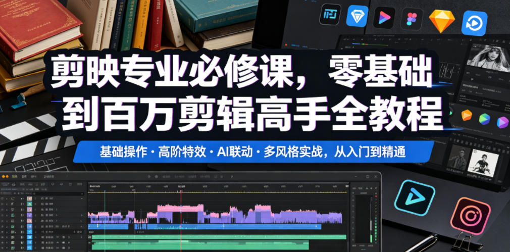 剪映专业必修课，零基础到百万剪辑高手全教程，基础操作・高阶特效・AI联动・多风格实战，从入门到精通-智富思维学堂