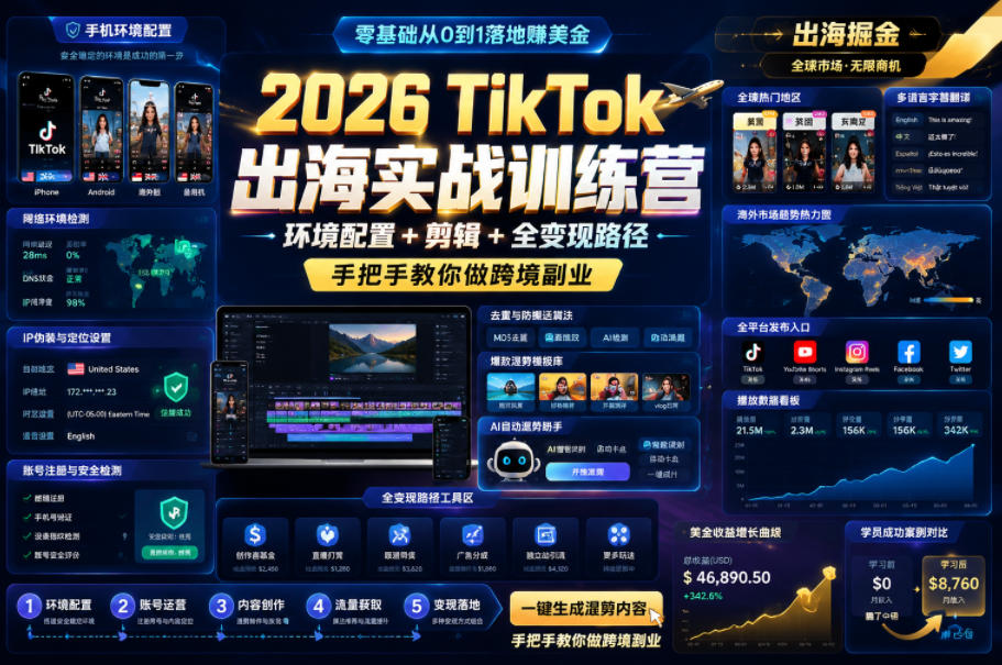 2026 TikTok出海实战训练营，环境配置 + 剪辑 + 全变现路径，手把手教你做跨境副业-智富思维学堂