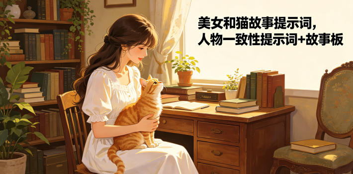 美女和猫故事提示词,人物一致性提示词+故事板-智富思维学堂