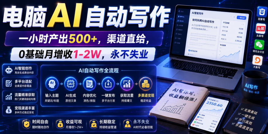 电脑AI自动写作,一小时产出500+,渠道直给,0基础月增收1-2W,永不失业【揭秘】-智富思维学堂