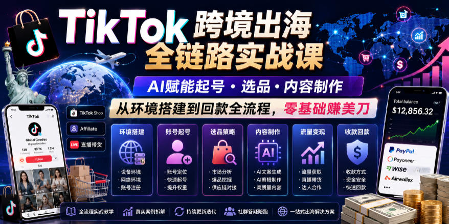 TikTok跨境出海全链路实战课,AI赋能起号・选品・内容制作,从环境搭建到回款全流程,零基础賺美刀-智富思维学堂