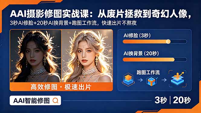AI摄影修图实战课：从废片拯救 到 奇幻人像，3秒AI修脸+20秒AI换背景+跑图工作流，快速出片不熬夜-智富思维学堂