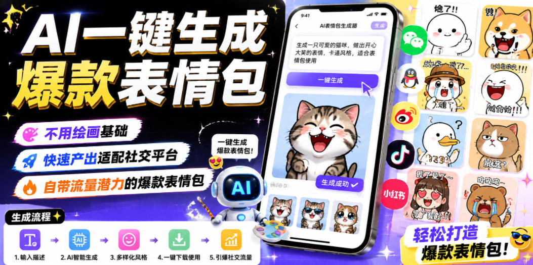 AI一键生成爆款表情包，不用绘画基础，快速产出适配社交平台，自带流量潜力的爆款表情包-智富思维学堂