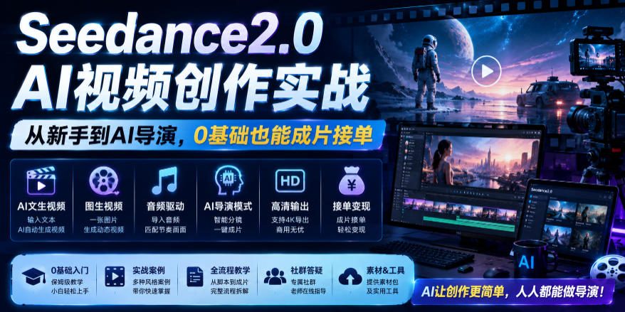 Seedance2.0 AI视频创作实战,从新手到AI导演,0基础也能成片接单变现-智富思维学堂